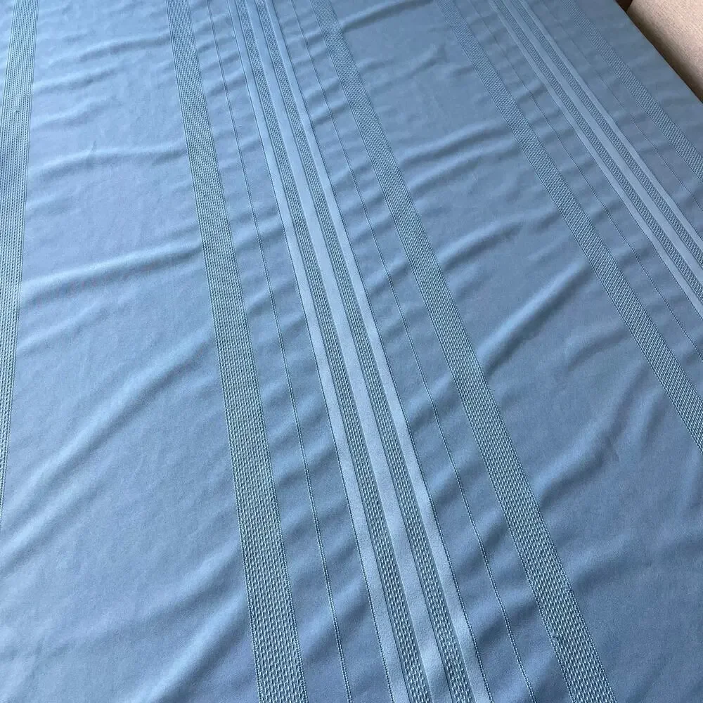 Vintage Blue Woven Damask Tablecloth Rectangular Striped 1980s Fabric Craft